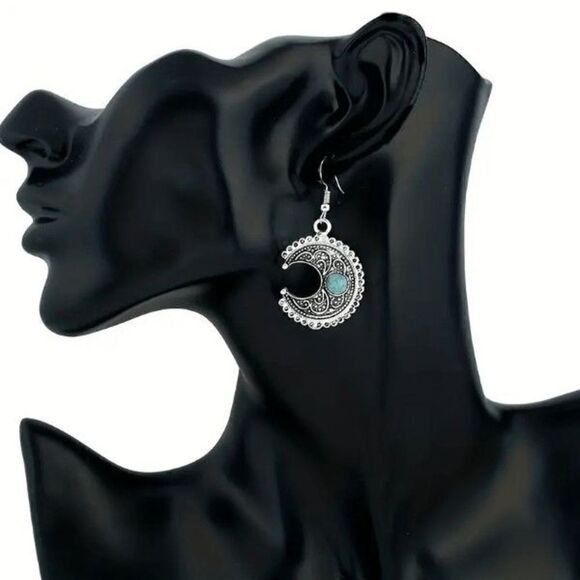 Silver Turquoise Filigree Moon Western Boho Dangle Earrings - Picture 2 of 5